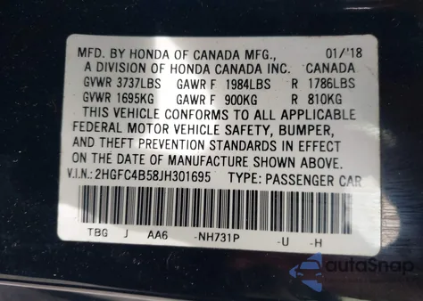 2018 Honda Civic Lx from USA, damaged, VIN 2HGFC4B58JH301695